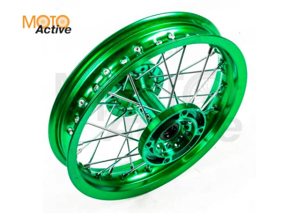 Обод задний 12" (1,85-R12 d=15mm) CNC ступица, алюминий/зеленый X-TECH