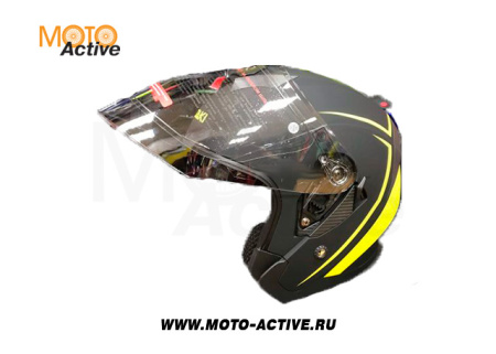 Шлем (открытый со стеклом) Ataki JK526 Stripe, черный Hi-Vis желтый матовый