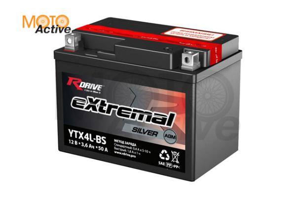 МОТО АККУМУЛЯТОР RDRIVE EXTREMAL SILVER YTX4L-BS