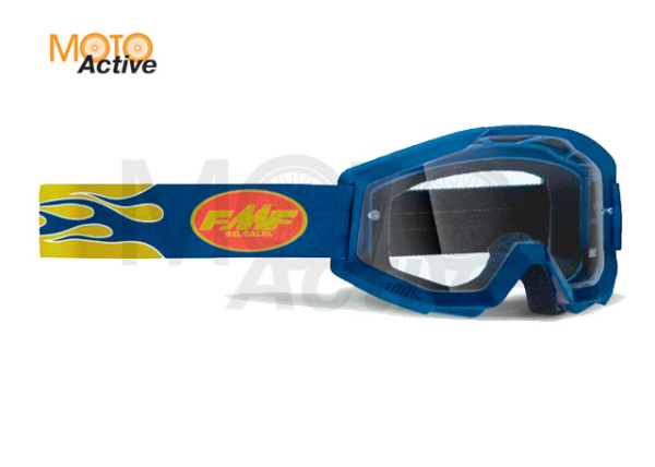 Маска кросс FMF - 100% Powercore Flamy синяя с прозрачной линзой
