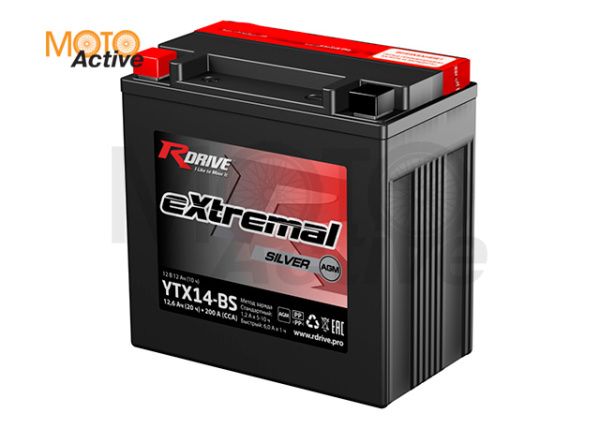 МОТО АККУМУЛЯТОР RDRIVE EXTREMAL SILVER YTX14-BS