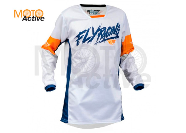 Джерси FLY RACING KINETIC KHAOS 2023 (детская), белая/темно-синяя/оранжевая