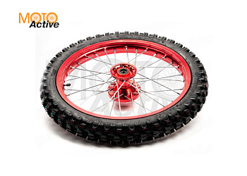 Обод передний 17" (1,60-R17 d=15mm) 70/100-17" (4x99,5x76) CNC ступица с резиной, алюминий/красный