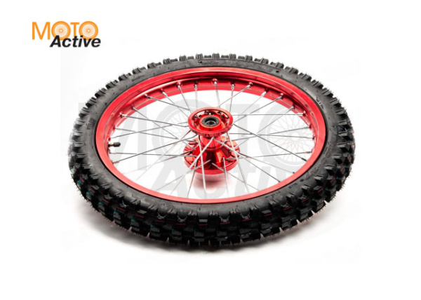 Обод передний 17" (1,60-R17 d=15mm) 70/100-17" (4x99,5x76) CNC ступица с резиной, алюминий/красный