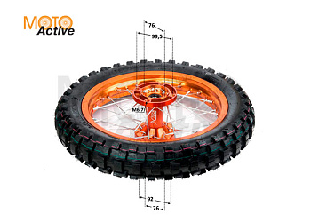 Обод задний 14" (1,85-R14 d=15mm) 90/100-14" CNC ступица, с резиной алюминий/оранжевый