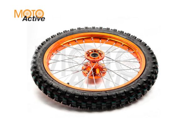 Обод передний 17" (1,60-R17 d=15mm) 70/100-17" CNC ступица с резиной, алюминий/оранжевый