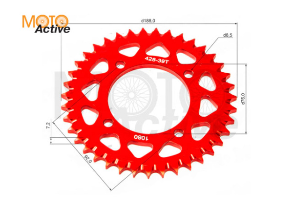 Венец, звезда ведомая (428H-39) X-TECH PIT BIKE 125-190 4х90х76 алюминиевая с самоочисткой
