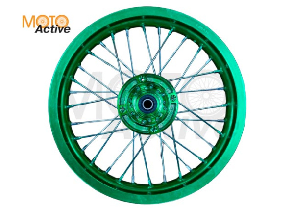 Обод задний 14" (1,85-R14 d=15mm) CNC ступица, алюминий/зелен. X-TECH (4х100х76/4х92х76, диск/звезд)